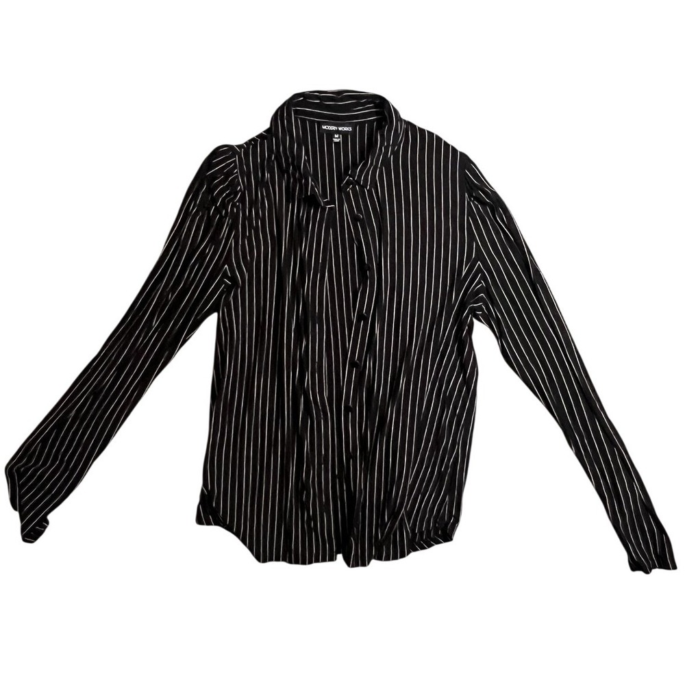 Modern Works Women's Size M Black White‎ Striped Button Up Long Sleeve Top